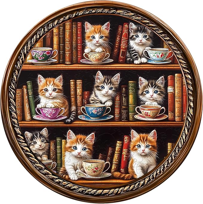 KAAYEE Wooden Puzzles for Adults, Cat Coffee Library 100 Piece Unique Animal Shape Puzzle, Cat Wood Puzzle for Adults, Creative Gifts for Friends/Family, Home Decor(8.5 * 8.5in)