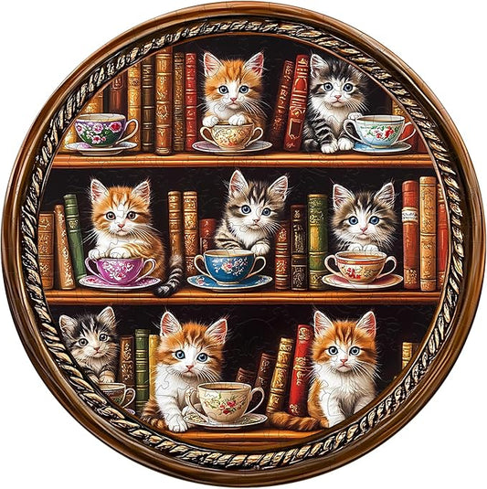 KAAYEE Wooden Puzzles for Adults, Cat Coffee Library 300 Piece Unique Animal Shape Puzzle, Cat Wood Puzzle for Adults, Creative Gifts for Friends/Family, Home Decor(13.4 * 13.4in)