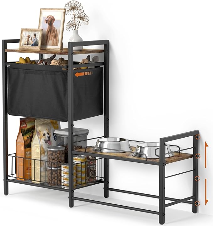 Elevated Dog Bowl Stand with Toy Bin Basket, 4 Height Adjustable Raised Feeding Station Cabinet, Lifted Food and Water Bowl Holder, Pet Storage Organizer for Large Medium Small Dogs