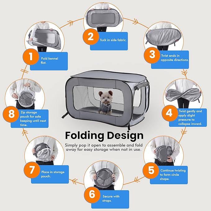 Beatrice Home Fashions Portable, Collapsible, Pop Up Kennel Travel Cat and Dog Crate, 40" L x 27" W x 27" H, Gray