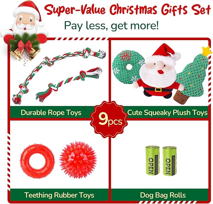 KIPRITII 9 Pack Xmas Puppy Dog Toys Set with Dog Squeaky Toys, Chew Toys & Puppy Teething Toys for Small Dogs and Puppies