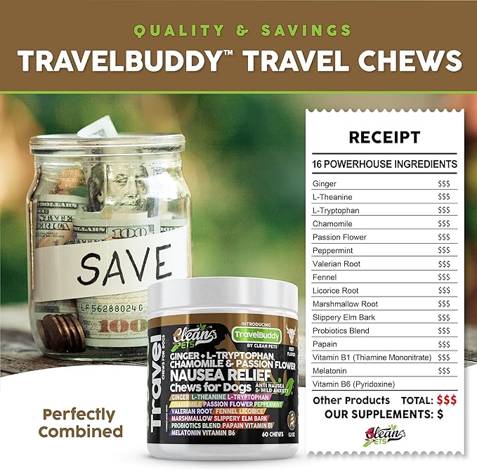 Travel Chews Nausea Relief for Dogs | Ginger L-Tryptophan Chamomile Passion Flower L-Theanine Peppermint Valerian Root Fennel Licorice Root Marshmallow Root Slippery Elm Melatonin Chew