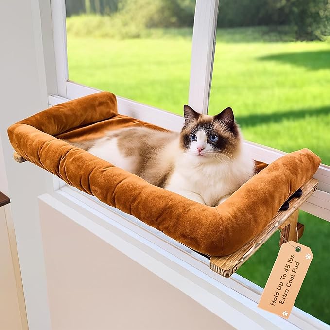 45LBS Capacity Cat Window Perch with Bolster, Hammock Seat with Premium Plywood & Metal Frame, Cat Window Bed for Indoor Cats & Kittens, Extra Cood Pad (Natural Wood & Brown Cushion, 24.8''W x 9.4''H)