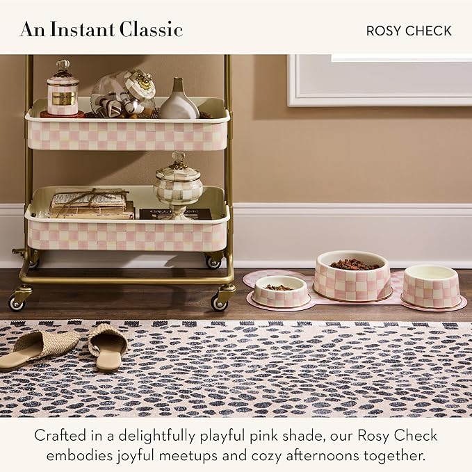 MACKENZIE-CHILDS Pup Placemat, Cute Pet Food Mat for Dog Bowls and Cat Bowls, Pink-and-White Rosy Check