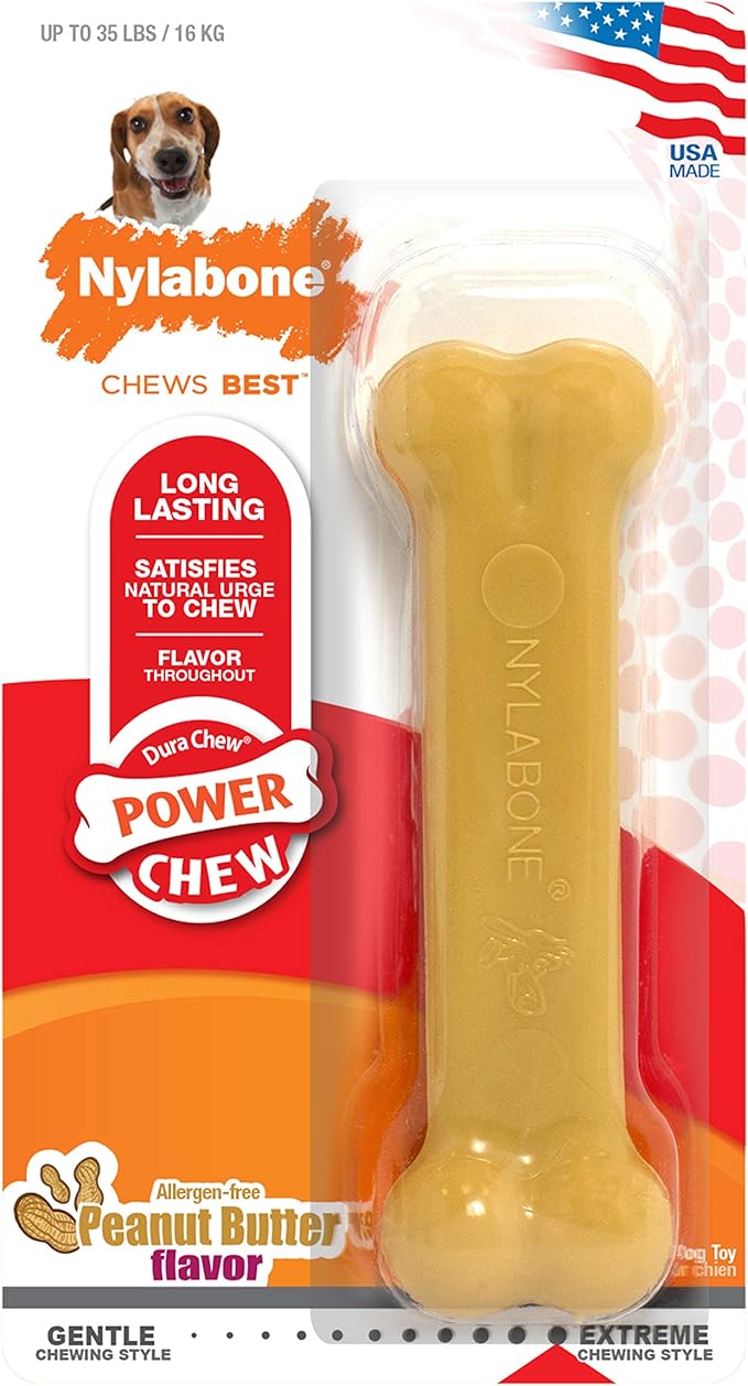 Nylabone Power Chew Classic Bone Chew Toy for Dogs, Durable Dog Toys for Aggressive Chewers, Peanut Butter Flavor, Medium/Wolf - Up to 35 lbs. (1 Count)