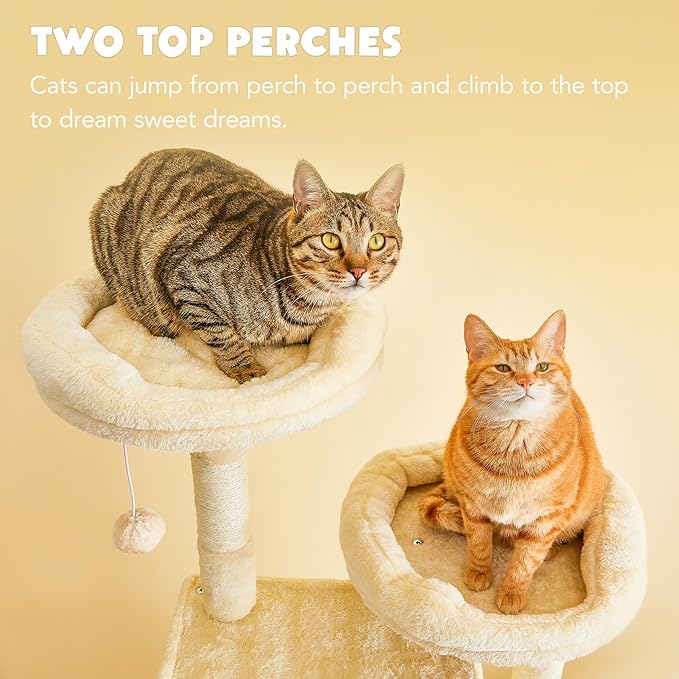Cat Tree for Indoor Cats - 63in Multi-Level Large Cat Tower with 2 Big Cat Condos, 2 Padded Perches, Hammock, 6 Sisal-Covered Scratching Post and Toys for Kittens Pet Play House, Beige