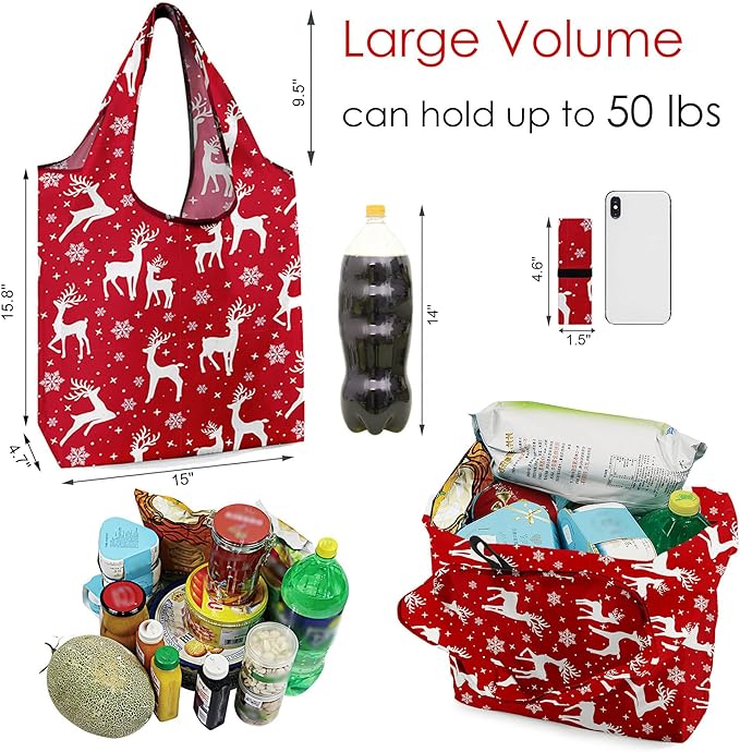 BeeGreen Christmas Reusable Grocery Bags 10 Pack Reusable Shopping Bags Bulk Christmas Gifts Tote Bags with Zipper Storage Pouch Elastic Band Foldable-Machine Washable