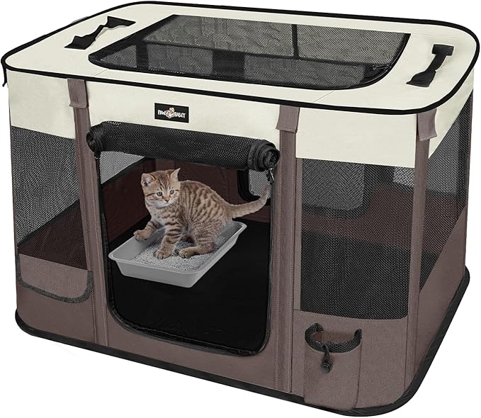 Foldable Pet Kitten Playpen, Upgrade Waterproof Portable Cat Dog Playpen Kennel Tent for Small Dog Cat, Retractable Shade Cover, Indoor Outdoor Use for Small Pet, Brown