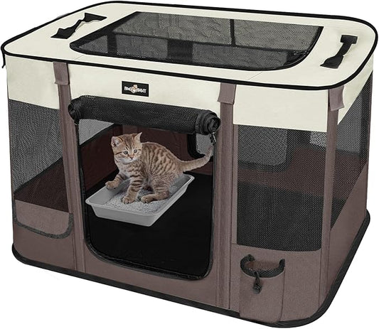 Foldable Pet Kitten Playpen, Upgrade Waterproof Portable Cat Dog Playpen Kennel Tent for Small Dog Cat, Retractable Shade Cover, Indoor Outdoor Use for Small Pet, Brown