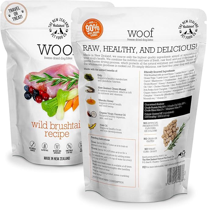 The New Zealand Natural Pet Food Co. Woof Freeze Dried Dog Food - Wild Brushtail, High Protein, Complete Diet, Dog Treats, All Life Stages - 1.76 oz