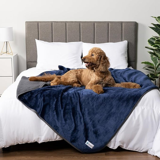 PetAmi Waterproof Dog Blanket for Extra Large Dogs, Pee Proof for Bed Couch, Reversible Soft Dog Crate Cover Washable, Queen 90x90 Navy/Gray