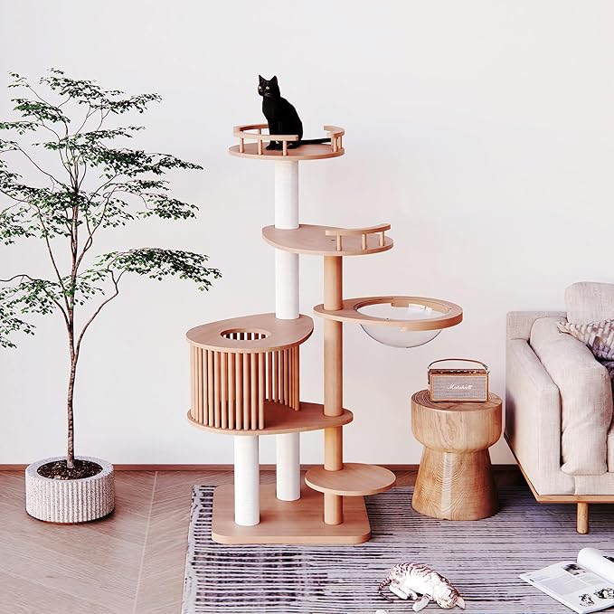 Downpat Cat Tree 61.1" Solid Wood Multi-Level Cat Tower with Condo,Cat Scratching Post,Jumping Space,Furniture Suitable for Cats