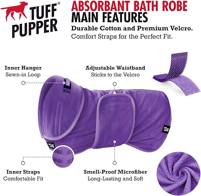 Tuff Pupper Fast Drying Dog Bath Robe | 800 GSM Plush Dog Towel Bathrobe/Dressing Gown | Super Absorbent Pet/Puppy Bathrobe | Adjustable Hood & Belly Strap | Super Soft | Fast Drying (XS, Purple)