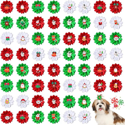 Sadnyy 60 Pack Christmas Dog Hair Bows Christmas Flower Bows with Rubber Bands Puppy Bows Hair Accessories Dog Bows Grooming for Small to Large Dogs Cats Pets (Snowman)