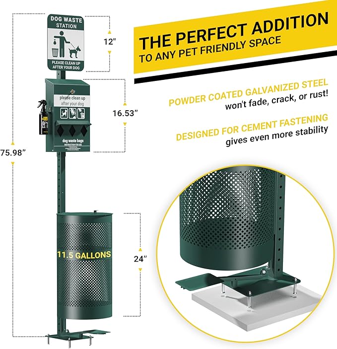 Pet Waste Station with Pedal - Includes 600 Roll Bags & 50 Can Liners - Glow in the Dark Dog Waste Station with Dog Poop Sign, Bag Dispenser, Hand Sanitizer Bottle & Outdoor Trash Can with Lid