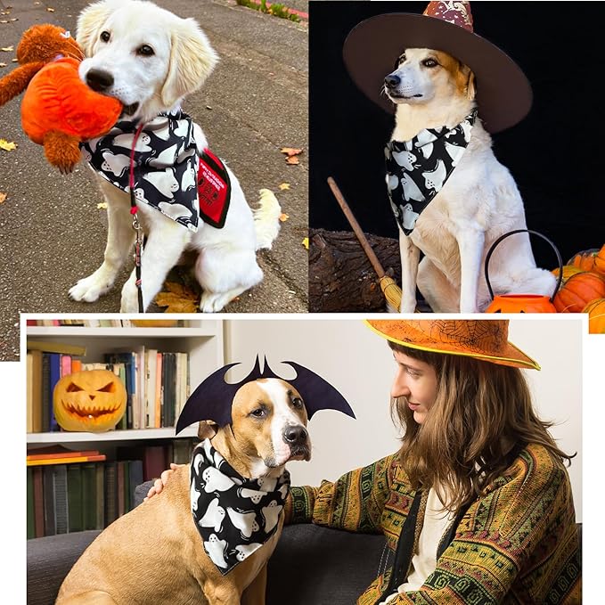 Halloween Dog Bandanas Black Ghost Spooky Boo Costumes, Cute Holiday Triangle Pet Scarf with Snap Button for Boys, 75lbs+, Extra Large Breed