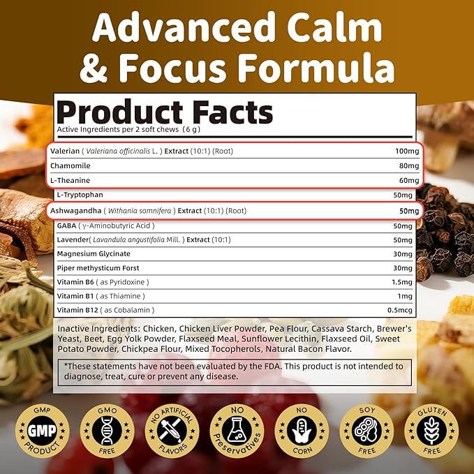 Calming Chews for Dogs – 12-in-1 Dog Calming Treats with Herbal & Vitamins, Relaxation, Focus & Behavior Support for Anxiety, Separation, Barking, Travel, Stress, Upgraded Bacon Flavor, 90 Ct