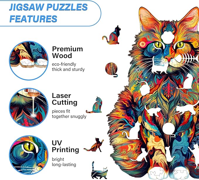 WOODBESTS Wooden Puzzles for Adults - Maine Coon, Cat Wooden Jigsaw Puzzle, Unique Animal Wood Puzzles Adult, Xmas Gifts for Puzzle Lovers(300 Pcs, L, 16.5"x13.2")