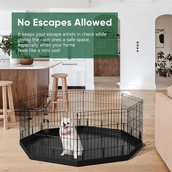 PJYuCien Dog Playpen, 8 Panels 24’’H Dog Pens Indoor with Bottom Pad, Metal Foldable Pet Puppy Exercise Fence Crate Kennel, Better for Small Animals, Black