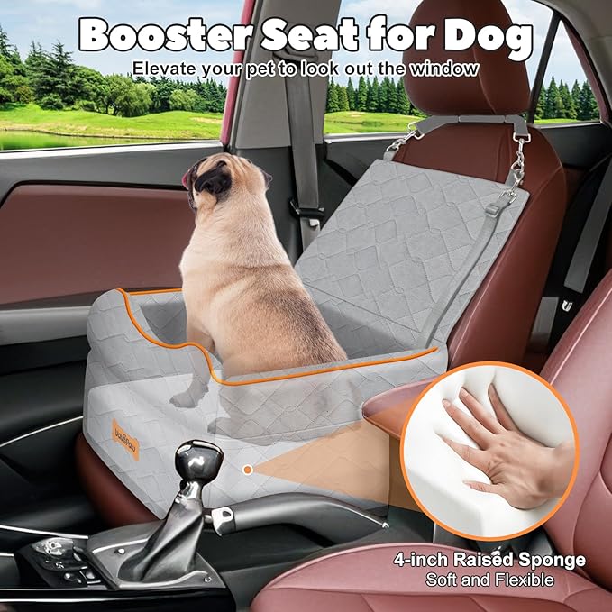 Small Dog Car Seat, Waterproof Dog Booster Seat with Thick Cushion & Safety Leash, Removable Car Back Seat Bed for 1 Small Dogs Under 25lbs, Pet Car Seat for Travel, Gray