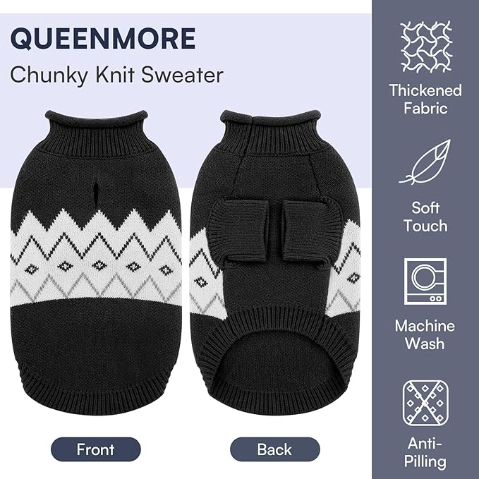 Queenmore Warm Dog Sweater, Soft Pet Knitwear, Knitted Pullover, Winter Pet Clothes for Small Medium Dogs Cats Black