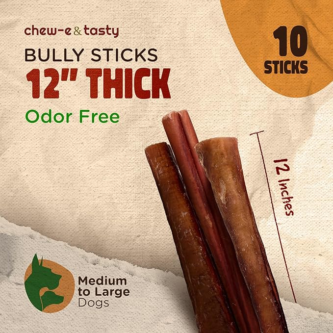 chew-e&tasty 12" Thick Bully Sticks for Dogs (Pack of 10) - Thick Chews for Dogs, Fully Digestible Beef Treats, Supports Dental Health, Long Lasting Beef Chews