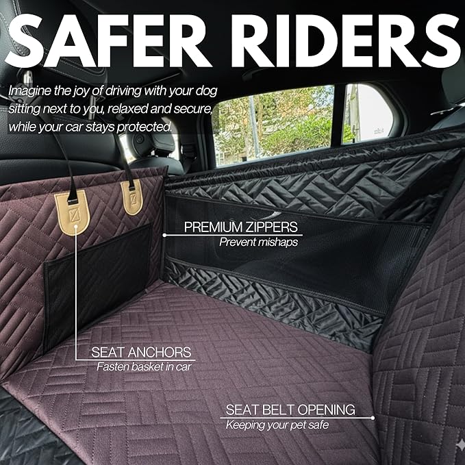 Premium Dog Car Seat & Back Seat – Waterproof & Non-Slip Travel Hammock with Storage Pockets | Secure & Comfortable Pet Seat Cover for Medium Dogs – Fits Cars, SUVs & Trucks (Brown)