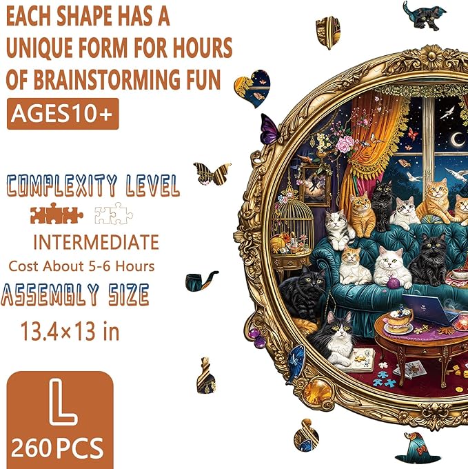Wooden Puzzles for Adults, Cat Party Night Wooden Jigsaw Puzzle for Adults, Wood Puzzles Adult, Unique Shape, Presents for Friends, Wall Art Home Decor (L-13.4 * 13in - 260 pcs)