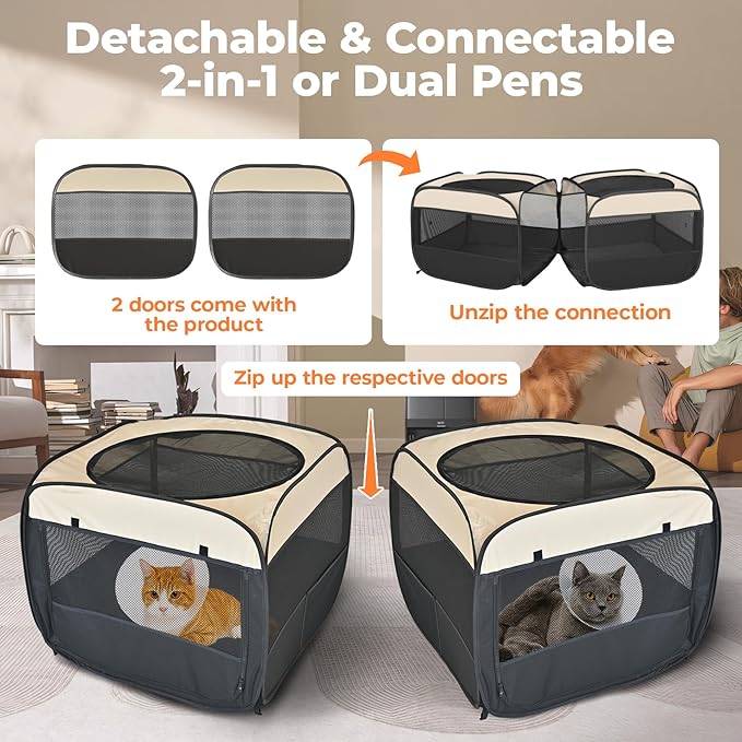 2-in-1 Pop Up Puppy Playpen, Detachable into 2 Separate Pens with Additional Doors, Assembly-Free Portable Cat Dog Crates Pet Pen Tent Kennel Kitten Enclosure Cage Indoor Outdoor Foldable Condo(L)