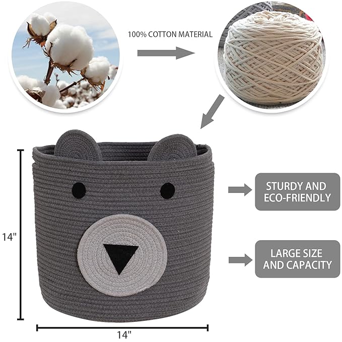 VK VK·LIVING Cotton Rope Bear Animal Basket Foldable Large Woven Storage Basket Baby Nursery Cute Laundry Hamper for Toys, Blanket, Clothes in Bedroom Living Room Toy Box for Baby 14x14 Grey