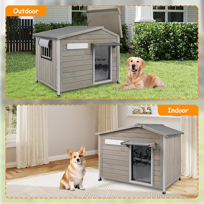 Large Outdoor Dog House Waterproof for Small to Large Sized Dogs with Openable Asphalt Roof, Anti-Chewing Iron Frame, Window, Weatherproof Indoor Outside Kennel Puppy Shelter (40" L*26.4" W*33.5" H)