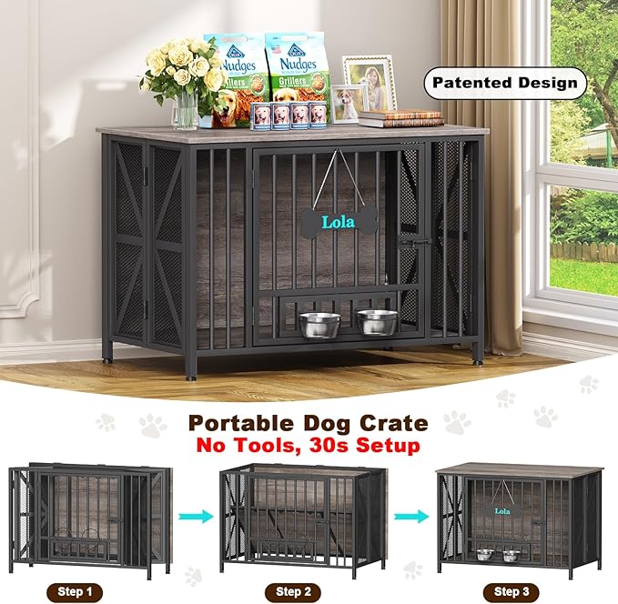 EasyCom Foldable Dog Crate Furniture, 41.3" Dog Crates for Medium/Large Dogs, Wooden Dog Kennel Indoor with Tag & Adjustable Bowls, Dog Cage Use as End Table/TV Stand, Oak Grey