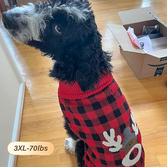 KYEESE Dog Christmas Sweater with Reindeer Pattern, Cozy Large Pet Christmas Red Buffalo Plaid Knit, Turtleneck Dog Sweater for Large Dogs with Leash Hole, Soft Warm Pet Clothes, XXX-Large