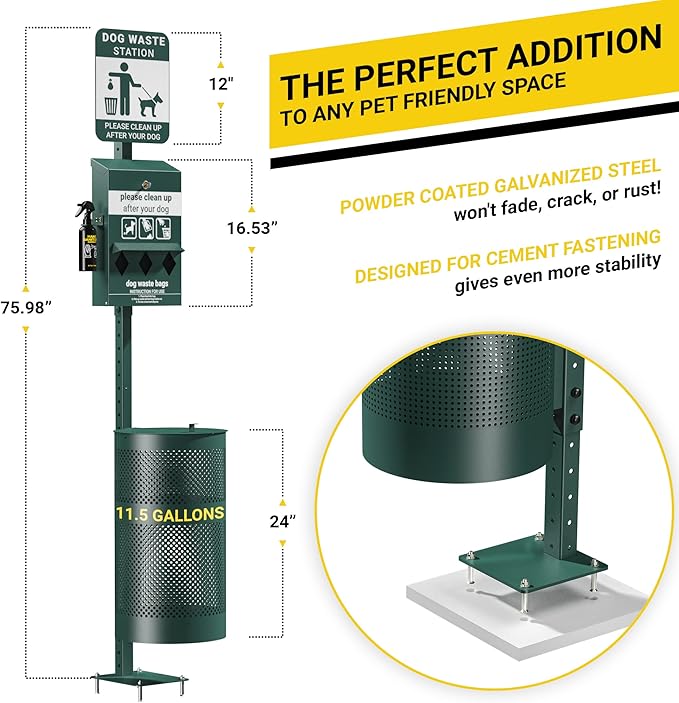 Pet Waste Station - Includes 600 Roll Bags & 50 Can Liners - Original Glow in the Dark Dog Waste Station with Dog Poop Sign, Bag Dispenser, Hand Sanitizer Bottle & Outdoor Trash Can with Lid