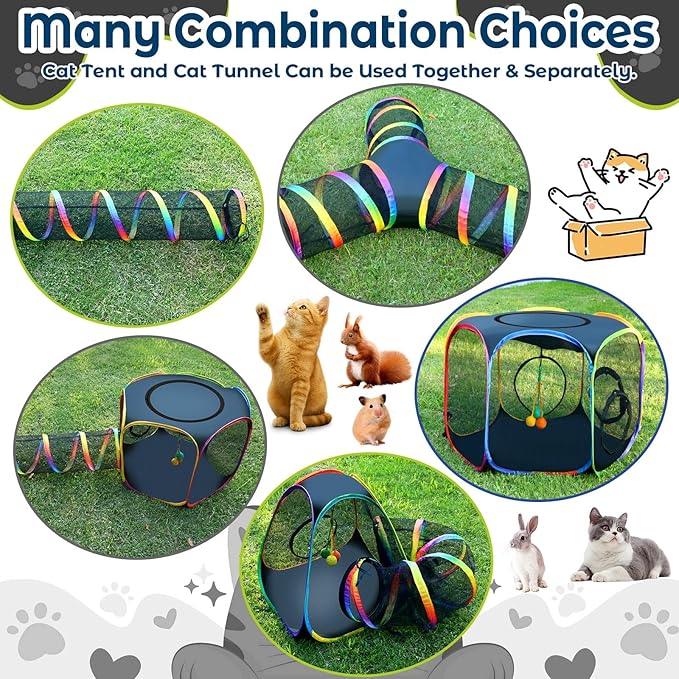 CypherX Outdoor Rainbow Cat Enclosure, 7 in 1 Portable Cat Tents for Outside Cage Free Outside Pet Enclosure Cat Tunnel Outdoor Playground for Indoor Cats and Small Animals