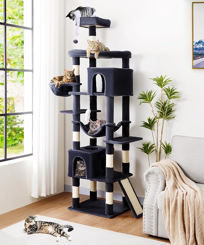 AMHANCIBLE Heavy Duty Cat Tree for Indoor Cats Large Adult 20 lbs+, 83 Inch Multi-Level Tall Cat Tower with Scratching Post and Board, Hammock, Condos, Hanging Basket, Dark Grey, PT21DG