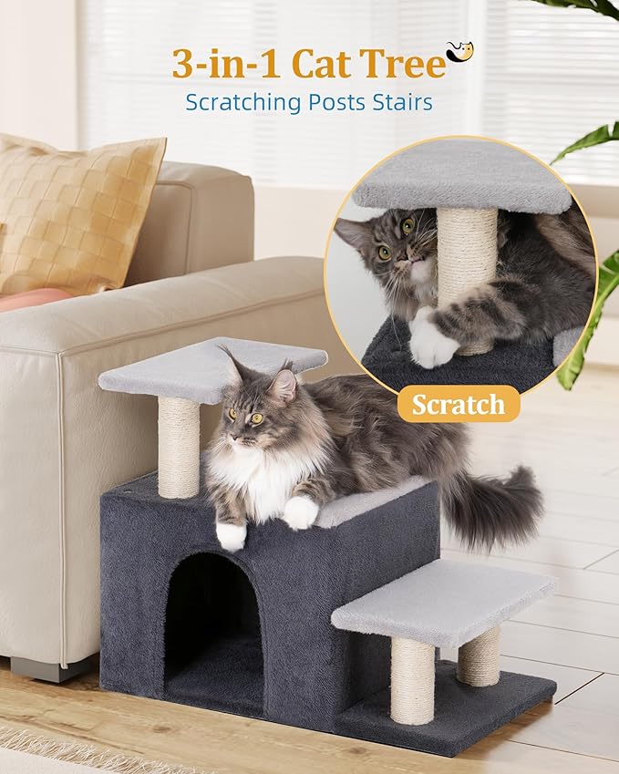 3-in-1 Pet Stairs for Cats, Dog Steps for Small Doggie,7.8'' Depth Cat Stairs,Indoor Cat Steps for High Bed for Pet's Joints, Soft Plush, 1 Big Cat Condo Cave, Sisal Scratching Posts, Grey, Large