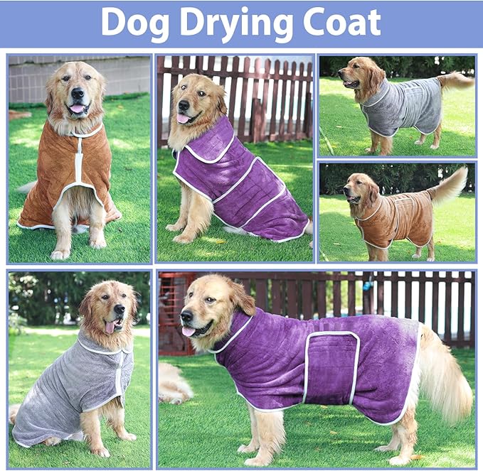 Dog Bathrobe Towel Dog Drying Coat - Super Absorbent Towels Bath Robe for Dogs Large, Soft Adjustable Collar & Belly Strap Fast Drying Coat Pet Cat Bath Robe (Brown, 3X-Large)