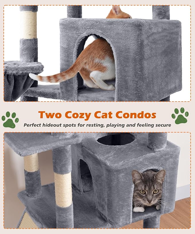 AMHANCIBLE Heavy Duty Cat Tree for Indoor Cats Large Adult 20 lbs+, 83 Inch Multi-Level Tall Cat Tower with Scratching Post and Board, Hammock, Condos, Hanging Basket, Grey, PT21GY