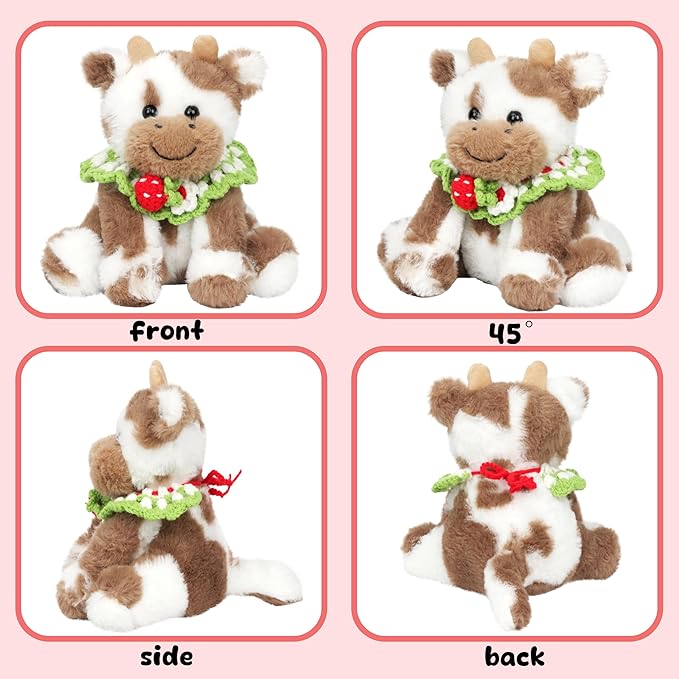 Hopearl Adorable Plush Cow Toy with Knitted Cute Strawberry Bib Floppy Dairy Cattle Soft Stuffed Animal Gifts for Boys Girls Kids Toddlers, Light Brown, 9''