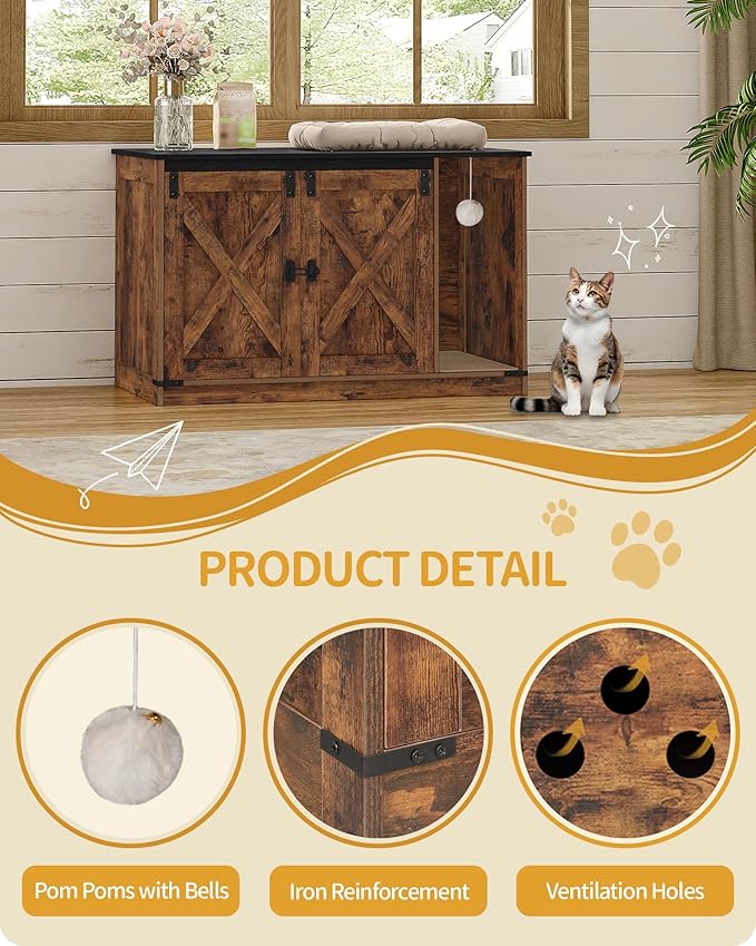 Cat Litter Box Enclosure, Hidden Litter Box Cabinet Furniture with Bell, Indoor Cats House, Farmhouse Style, 39.4 x 21.7X 24.8 Inches for Hallway, Bedroom, Rustic and Black CB85201X