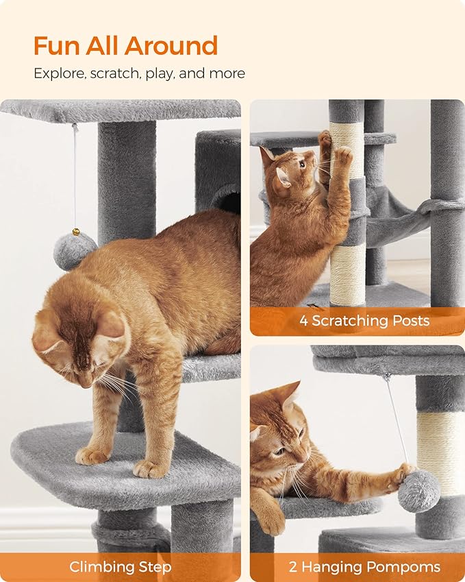 Feandrea Cat Tree, 44.1-Inch Cat Tower for Indoor Cats, Multi-Level Cat Condo with 4 Scratching Posts, 2 Perches, Hammock, Cave, Light Gray UPCT261W01