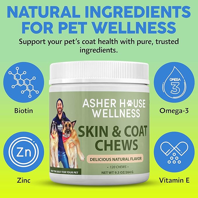 Asher House Wellness Skin & Coat Chews - Dog Itching Skin Relief with Omega 3, 6, 9, Fish Oil, Biotin - Dogs Itchy Paw Licking Chewable Treats, Puppy Dry Itch Supplement - 120 Soft Chews