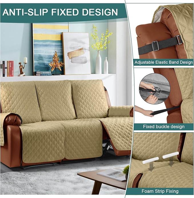 Ruaozz Waterproof Recliner Sofa Cover 1-Piece Couch Covers for Reclining Couches Reclining Sofa Cover Washable Furniture Protector with Elastic Straps Pocket for Kids, Pets (Sand, 3 Seater)
