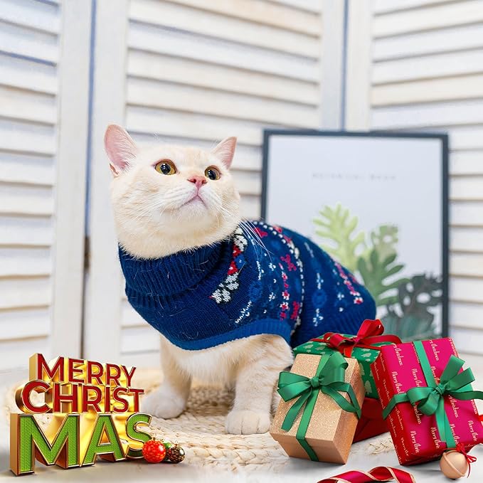 BINGPET Cat Sweater,Cat Outfit Sleeveless Winter Sweater with Snowflake Pattern,Soft Turtleneck Knitted Kitten Puppy Apparel,Cute Winter Pet Clothes for Cold Weather