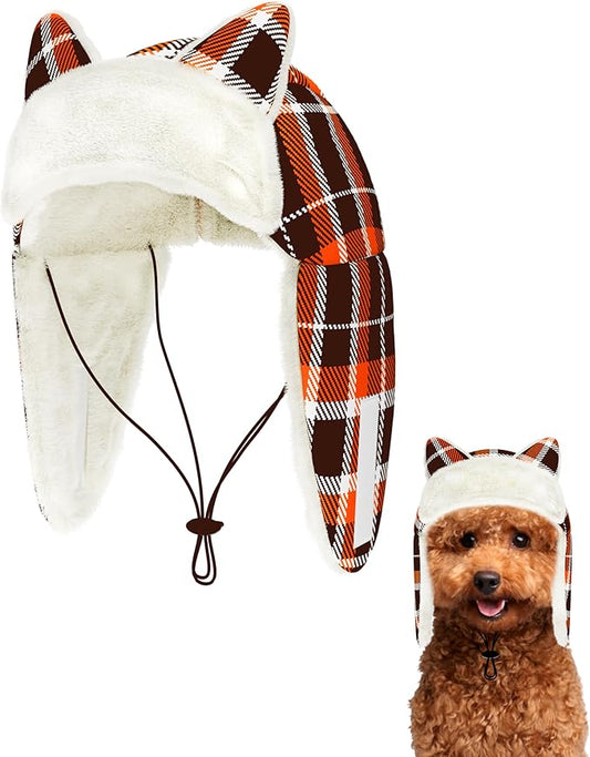 PET SHOW Dog Trapper Hat Winter Hat for Small Dogs Fall Thanksgiving Warm Fleece Aviator Hats with Ear Flaps Adjustable Outdoor Boy Puppy Pet Pilot Costume Cap S-Orange Plaid/Without Ear Holes