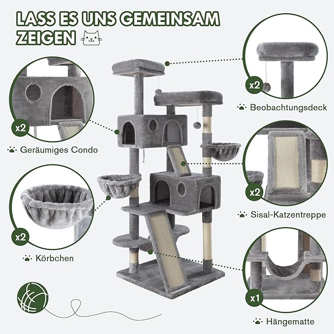 MUTICOR 66 Inches Multi-Level Large Cat Tree Tower for Indoor Big Feline/Cozy Plush Perches/Condo/Sisal Scratching Posts/Hammock and Baskets/Activity Center Play House/Wide Base/Dark Grey