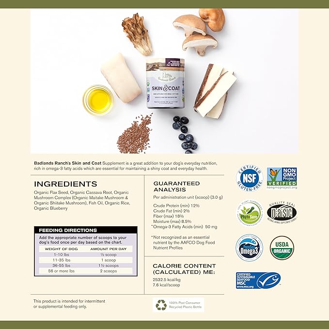 Badlands Ranch - Skin & Coat Canine Supplement w/Omega-3 Fatty Acids, Org. Ingredients, Antioxidant Topper, Nourish Coat &Paws, Joint, Support Shiny Coat & Healthy Skin by Katherine Heigl (30 Scoops)