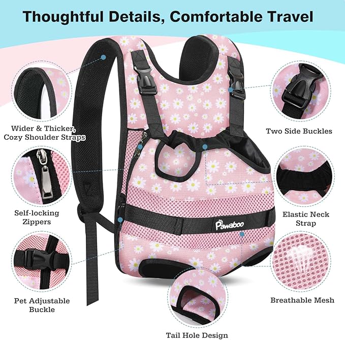 Pawaboo Pet Dog Front Carrier Backpacks, Legs Out Pet Carrier Backpack, Adjustable Easy-fit Dog Chest Carriers for Small Medium Dogs Hands Free for Travel Hiking Cycling Camping, XL, Pink Daisy