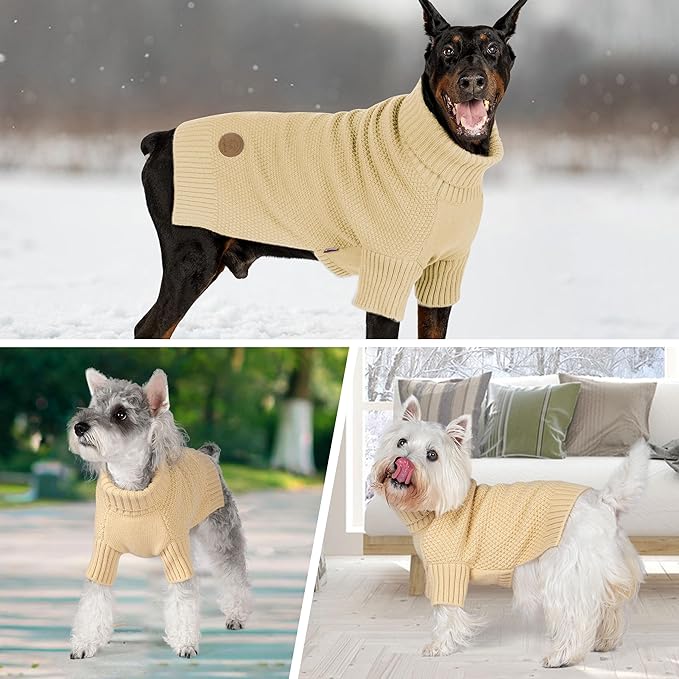 cyeollo Dog Sweater Knitwear with Leash Hole Turtleneck Pullover Sweaters Fall Winter Dog Clothes Sweaters for Large Dogs, Beige XXXL